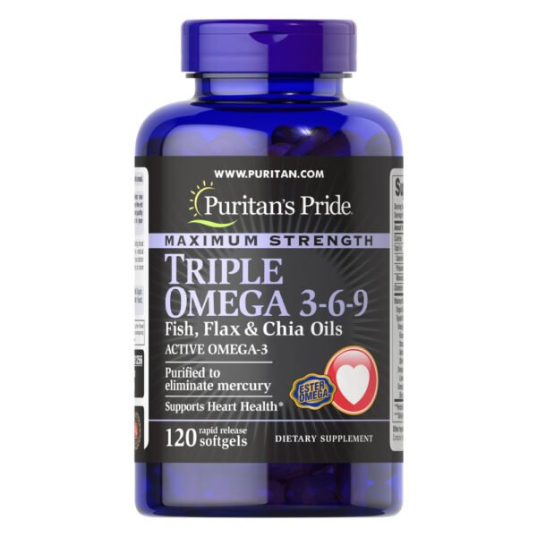 Puritans Pride Triple Omega 3-6-9 Риб'ячий, Лляний та Чіа Олії — 120 капсул